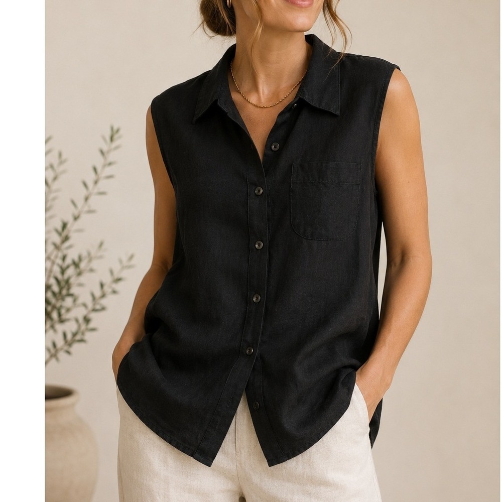 Queenspark Button Up Shirt Womens 12 Black Sleeveless 100% Ramie Collared Blouse